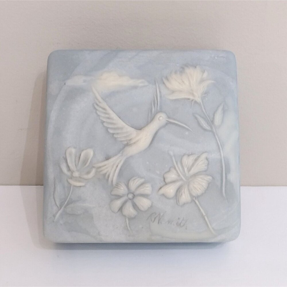 Vtg Signed Robert Nemith Hummingbird & Floral Inlay Blue Soapstone Trinket Box